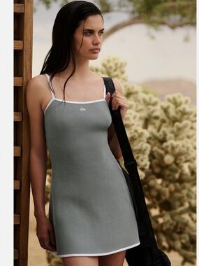 Alo Ribbed Sweater Knit Highline Dress Grey Size L